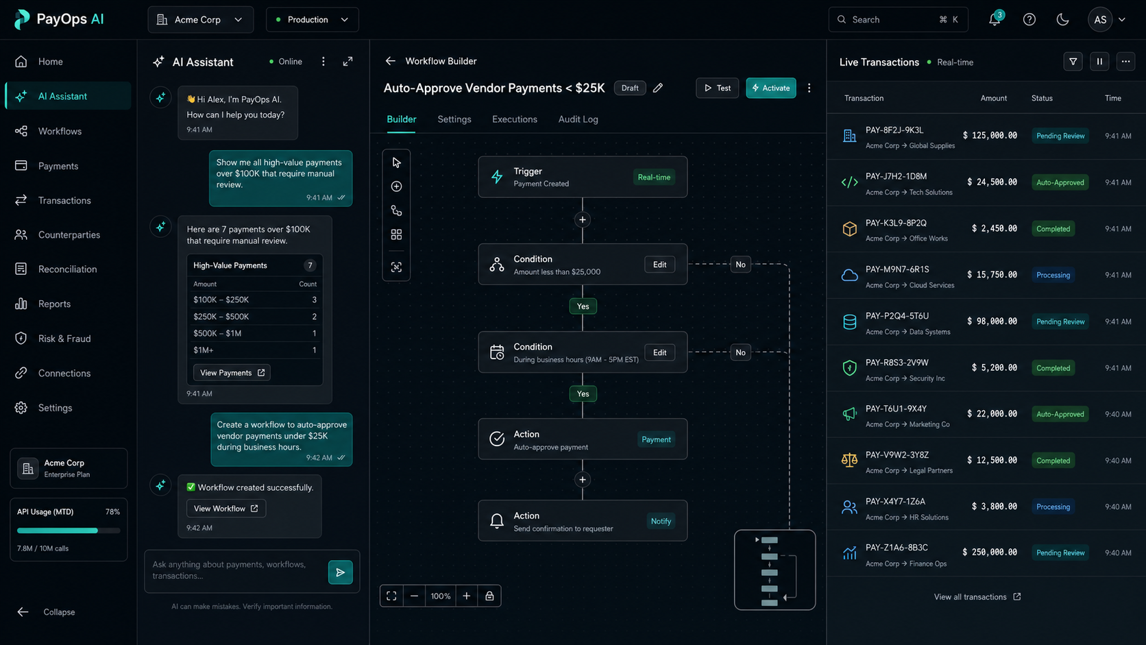 AI payments operations tool showing an assistant chat, a visual workflow builder, and a live transactions feed